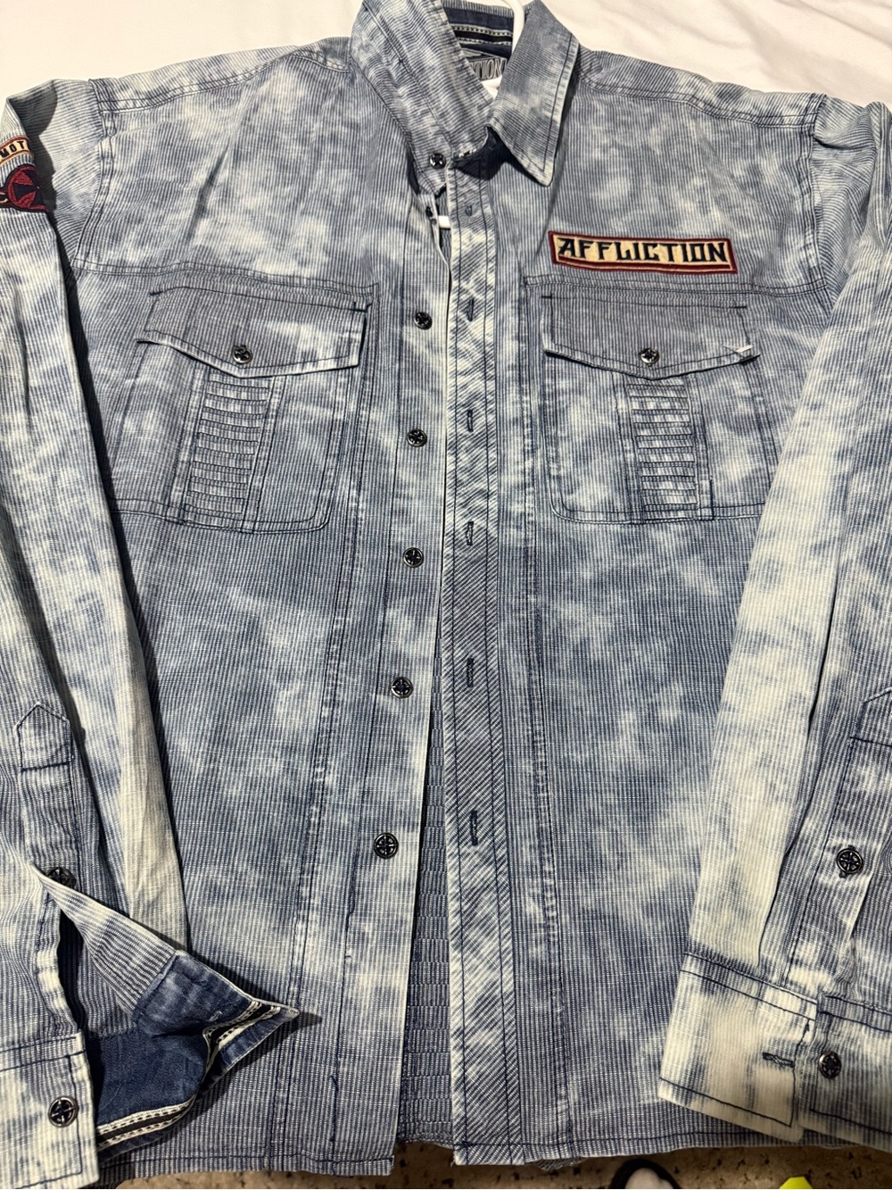 Affliction Light Blue Denim-Style Shirt with Embroidered Patches 2XL